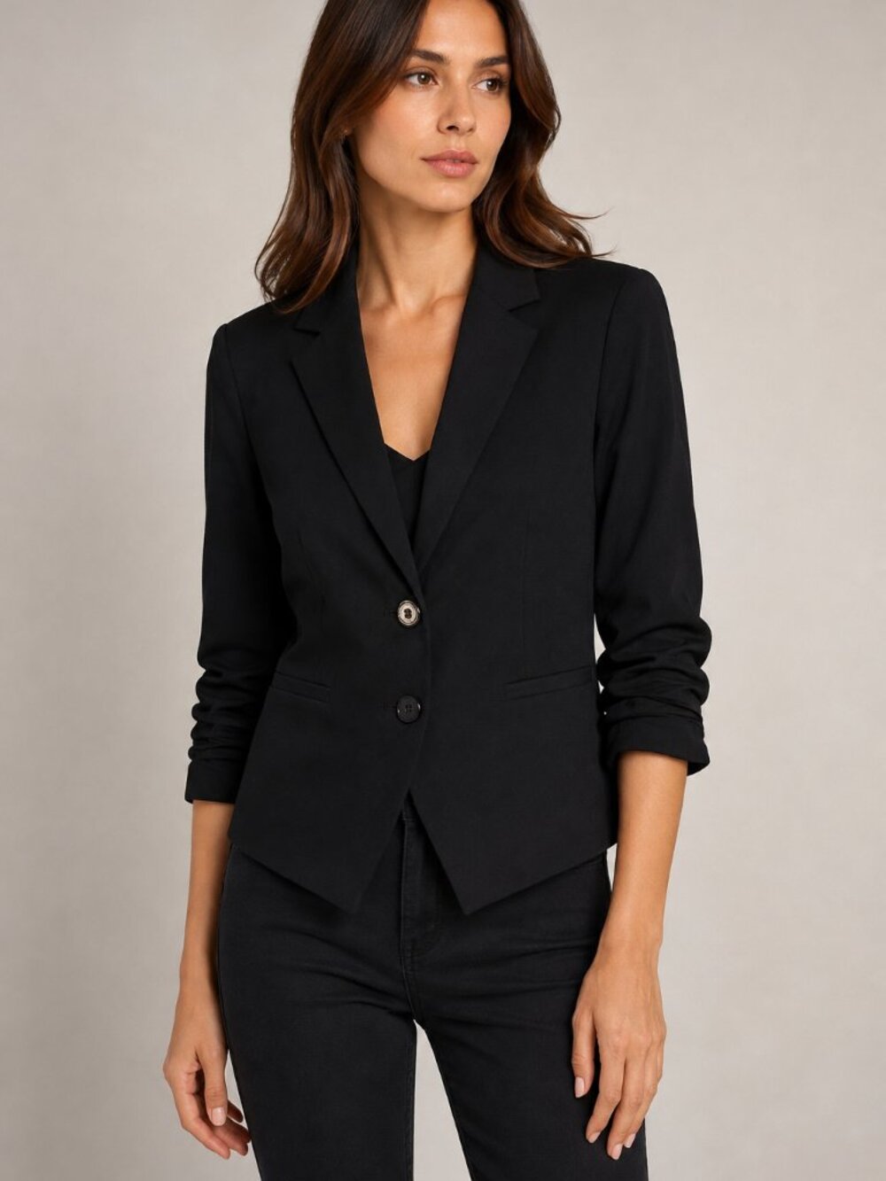 Express Women’s Size 4 Black Ruched Sleeve Fitted Blazer Stretch Career